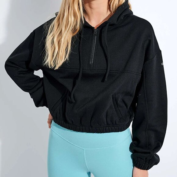 ALO Yoga Refresh Stadium Half Zip Hoodie In Black - Picture 1 of 6